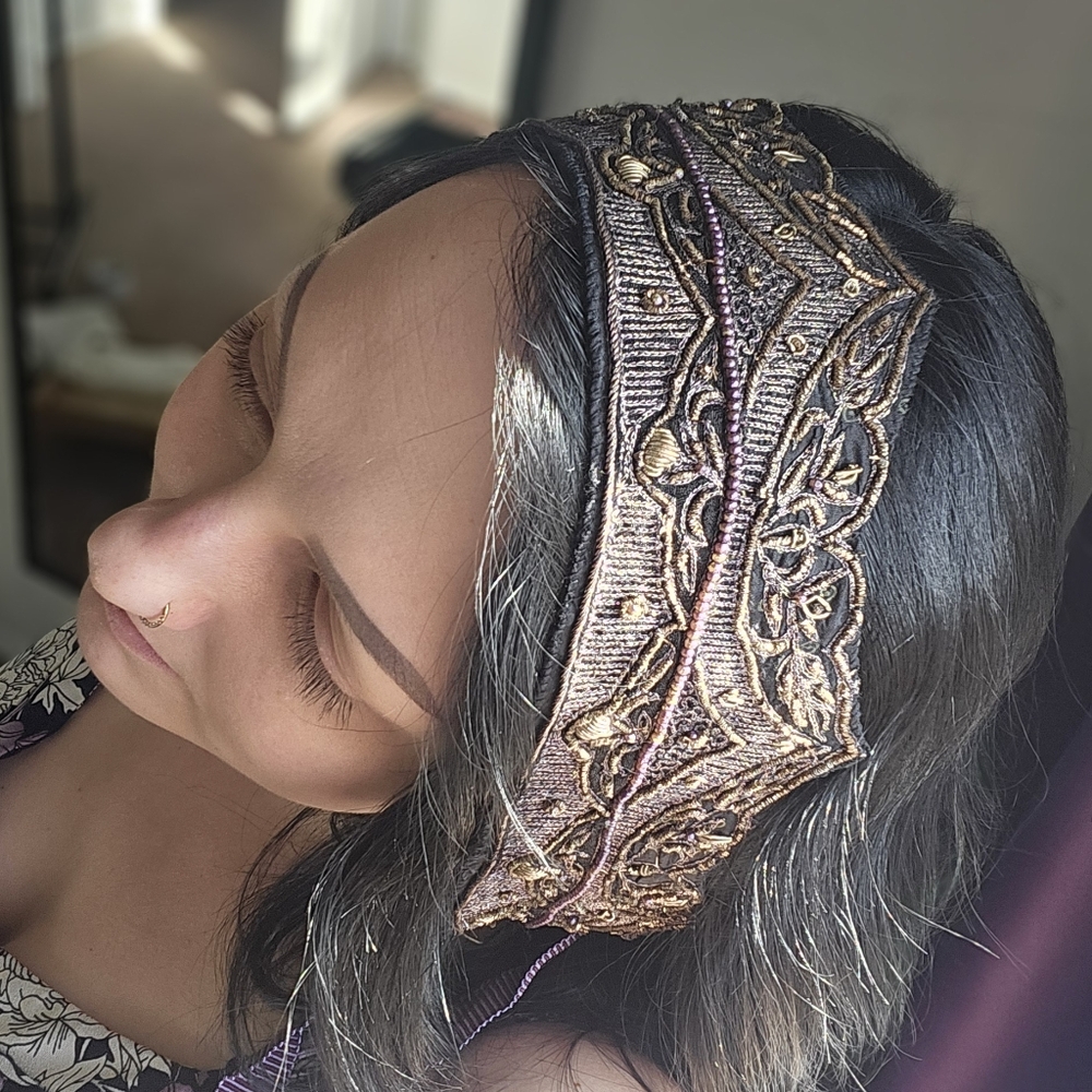Embroidered Metallic Brown Headband with Gold Accents
